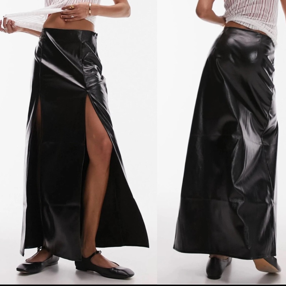 Topshop VINYL Shiny Black Maxi Skirt Black Double Slit FAUX LEATHER MAXI Goth